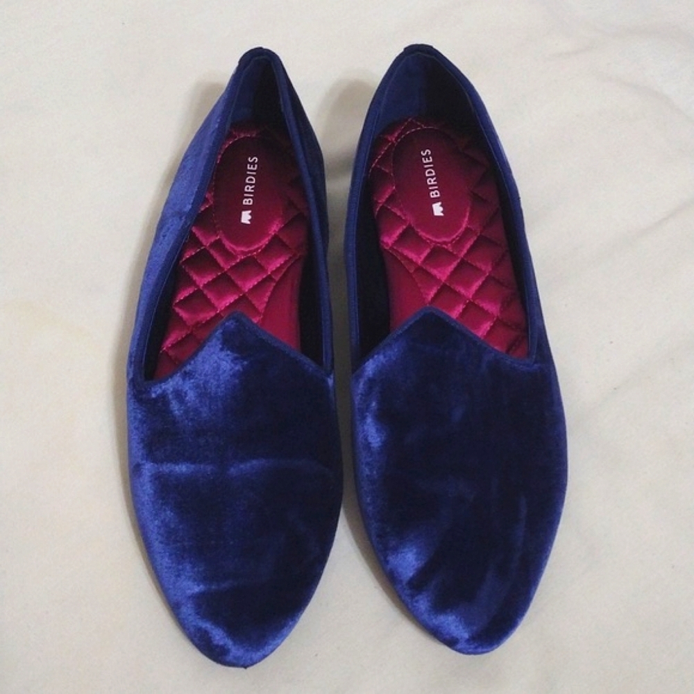 Birdies Velvet Flats in Royal Blue with Fuchsia Quilted Insole